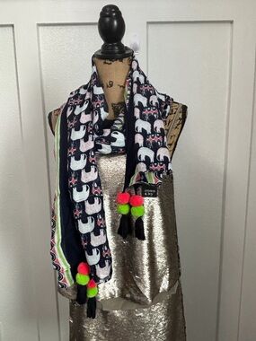Anthropologie Navy Elephant Print Scarf with Neon Pom Tassels